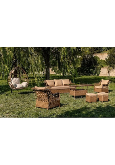 S Collection Rattan Bahçe Takımı Oturma Grubu 3'lü - 7 Kişilik Kahverengi
