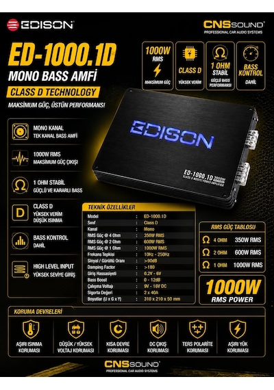 Edison Ed-1000.1d Mono Bass Amfi 1000 Rms Bass Kontrol Dahil Class D