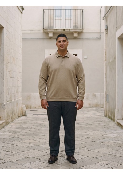 Maccali Erkek Bej Büyük Beden Polo Yaka Battal Sweatshirt