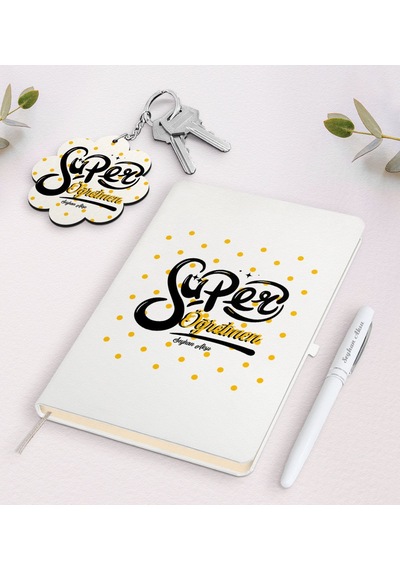 Kişiye Özel Süper Öğretmen Beyaz Defter Kalem + Anahtarlık