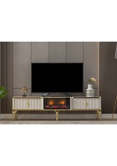Lucente Elektrikli Şömineli Tv Ünitesi Krem Gold Modern Tasarım 160 Cm