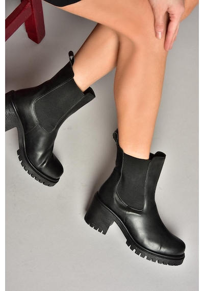 Fox Shoes T726981609 Siyah Lastikli Kalın Topuklu Kadın Bot Siyah-Suni Deri Siyah