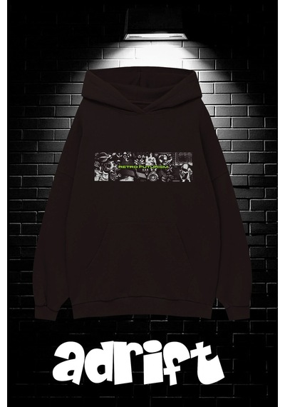 Startmore Unisex Oversize Kapüşonlu Kanguru Cepli Resro Futurısm Baskılı Sweatshirt Hoodie Beyaz Siyah