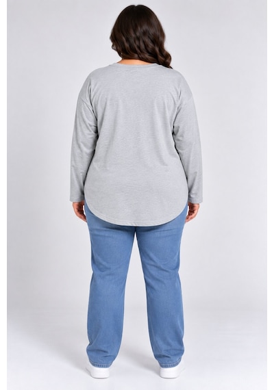 Superlife Süperlife Kadın Büyük Beden Bisiklet Yaka Süprem İnce Uzun Kollu Oval Etek Uçlu Tunik Tişört Spr26btk992 Grey Melange