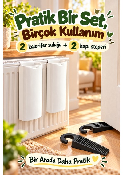 2'li Kalorifer Suluğu Ve 2 Kapı Stoperi Set Askılı Petek Suluğu Kapı Altı Tutucu Ev İçi Yardımcı Set