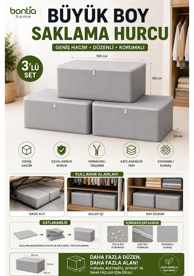 Büyük Boy Saklama Hurcu 3'lü Set 100x50x50 Cm Fermuarlı Hurç Yorgan Battaniye Kıyafet Düzenleyici Baza Altı Ve Dolap İçi Saklama Kutusu Krem