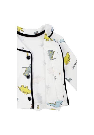 Bebegen Unisex Ekru Renkli Dinazor Desenli Kruvaze Yaka Pijama Takımı Çok Renkli