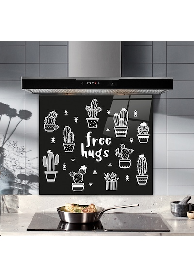 Decorita Cam Ocak Arkası Koruyucu|Free Hugs-Siyah Fon| 52cmx60cm