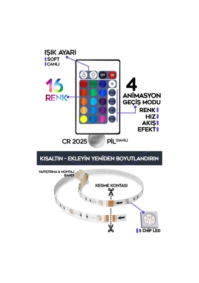 3 Mt Şerit Led Animasyonlu Tak Çalıştır Kumandalı Rgb Işık Duvar Aydınlatma Ambiyans Abajur