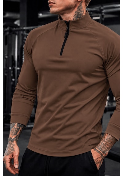 Genius Store Erkek Yarım Fermuarlı Compression Uzun Kol Spor Tişört Ve Fitness Tişörtü Dalgıç-uzun Kahverengi