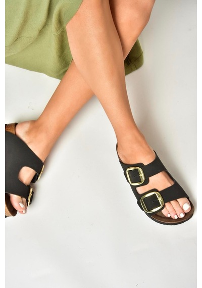 Fox Shoes P777517402 Siyah Süet Çift Bantlı Kadın Terlik Siyah-süet Çok Renkli