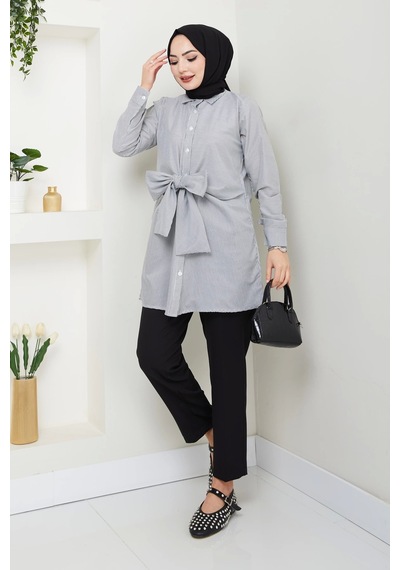 Çizgili Poplin Bağlamalı Gömlek - Siyah / Ü103 Siyah