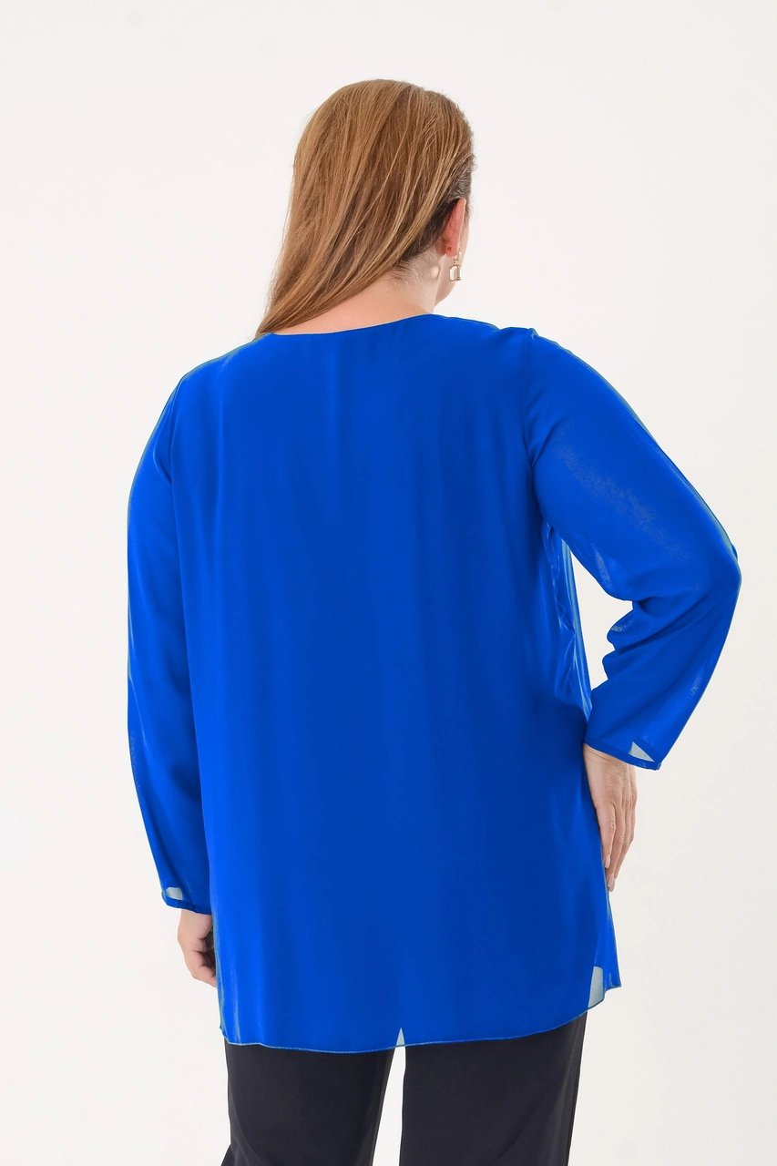 Lilas Xxl Büyük Beden Saks Renkli Şifon Bluz Saks Rengi