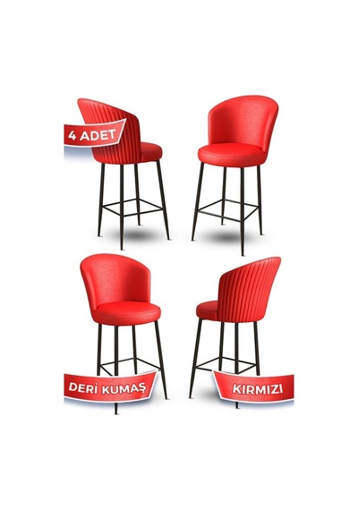 Canisa Uras Serisi 4 Adet Kırmızı Deri Bar Sandalyesi Deri Ada Mutfak Sandalyesi Siyah Metal Ayaklı Sandalye Kırmızı Ayaklar Siyah