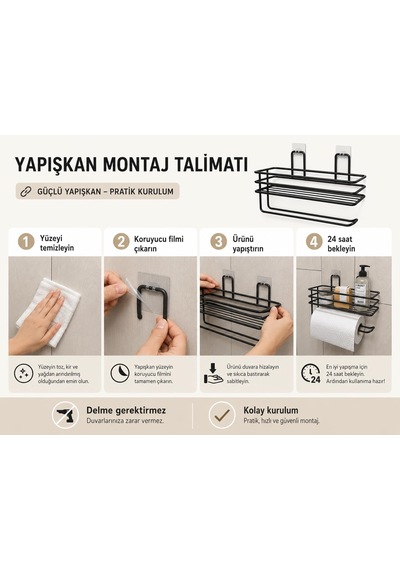 Alper Banyo Yapışkanlı Siyah Raflı Solo Havlu Askısı