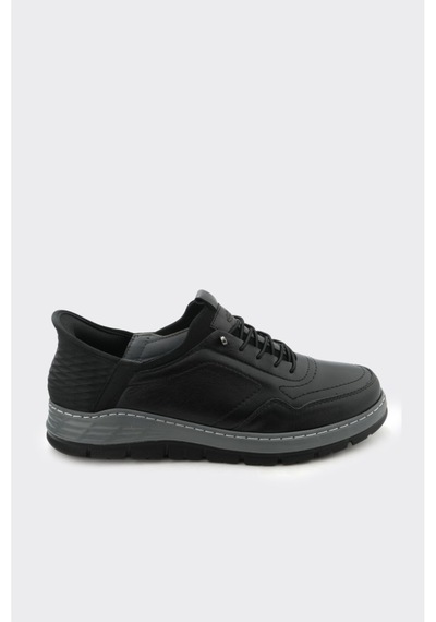 Derinet Hakiki Deri Lastik Bağcıklı Erkek Sneaker Siyah Siyah