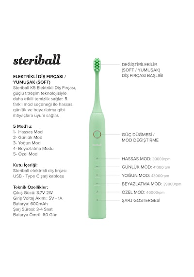 Steriball Elektrikli Diş Fırçası Yeşil - 5 Farklı Mod Değiştirilebilir Fırça Başlığı Type-c Şarj Şarjlı