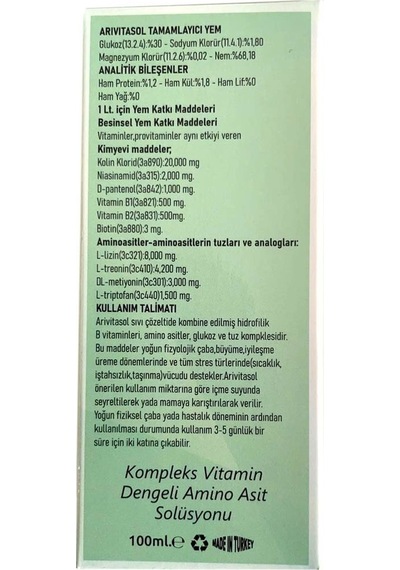 Zurich Arivitasol Evcil Hayvanlar İçin Kompleks Vitamin Dengeli Aminoasit Solüsyonu 100 ML