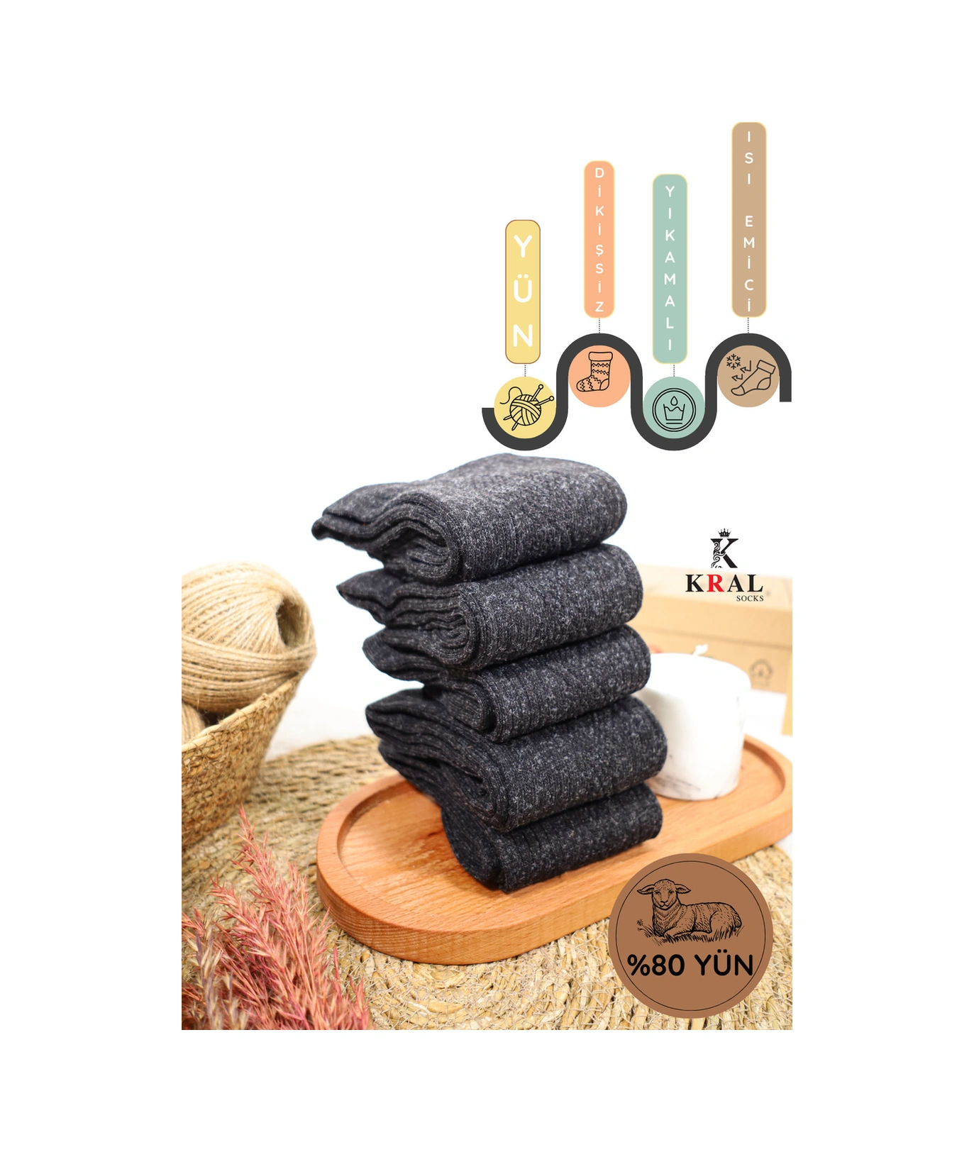 Miss Lana Ladies Socks Kışlık 5 Çift Lambswool Kadınlar Için Termal Kutulu Dikişsiz Yün Çorap Siyah