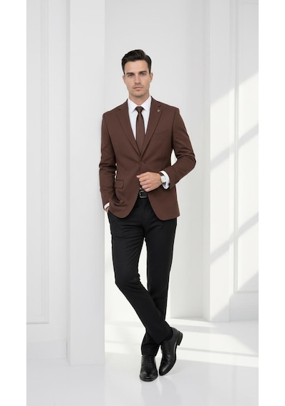 Plus Scorpion Ck 142 Slim Fit Mikro Desenli Erkek Ceket Yazlık Pike Kumaş Çift Yırtmaç Blazer Kahverengi