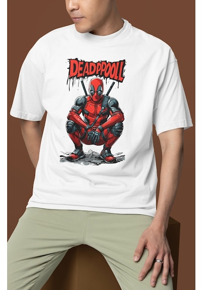 Deadpool Süper Kahraman Baskılı Unisex Oversize Film Kahramanı Ti Beyaz