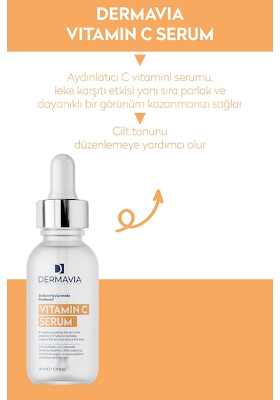 Dermavia Aydınlatıcı Leke Karşıtı Vitamin C Serumu 30 Ml Parlak Dayanıklı Görünüm