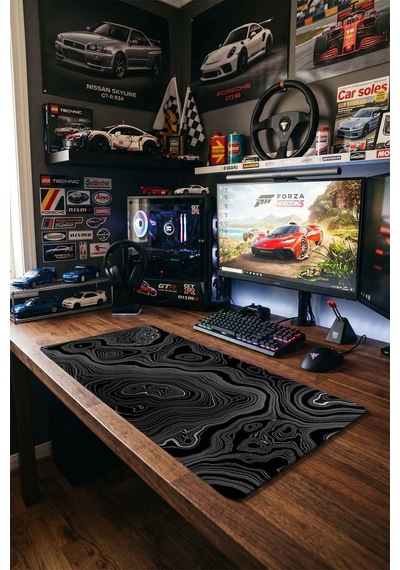 Siyah Beyaz Yoğun Topografik Harita 40x90 Cm Oyuncu Mousepad Kaymaz Taban Büyük Boy Mousepad