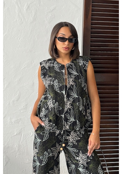Verymoda Nakışlı Keten Fermuarlı Yelek Vmf2007 Siyah