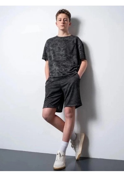 Erkek Çocuk Palmiye Desenli T-shirt Şortlu Takım-15796 Siyah