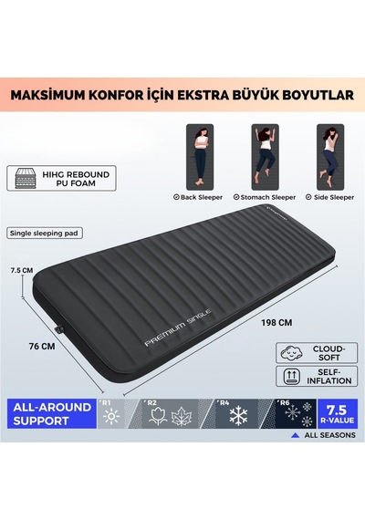 Kingcamp Premium Single Şişme Mat R-değeri 7.5 Siyah
