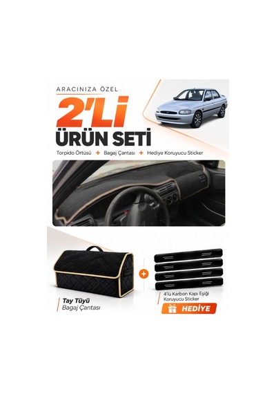 E-biz Ford Escort 1996-2002 Uyumlu Torpido Örtüsü + Tay Tüyü Bagaj Çantası - Siyah-bej - Fo014