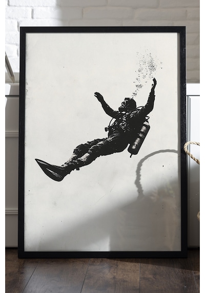 Falling Soul Siyah Ahşap Çerçeveli Poster, Dekoratif Soyut Monokrom Duvar Tablosu
