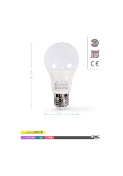 9w 10'lu Paket A60 Led Ampul 3000k Gün Işığı 800lm E27