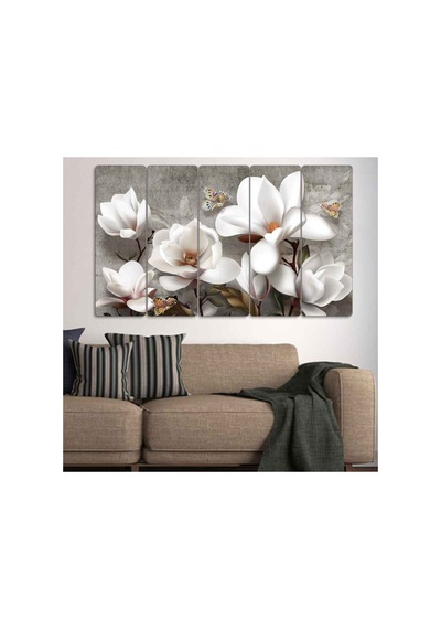 Beyaz Çiçekler, Kelebek - 5 Parçalı Tablo Görsel - 702503373 Görsel