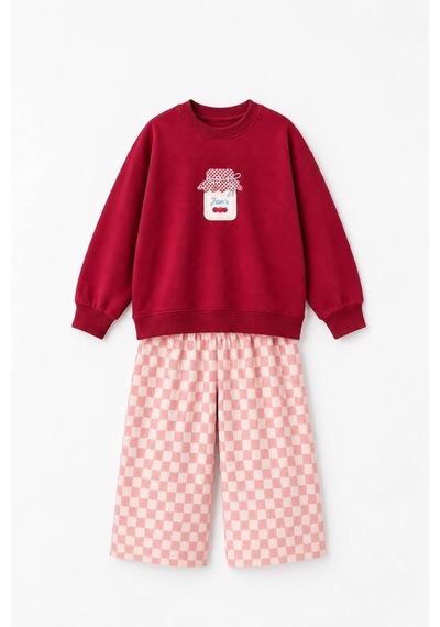 Magu Kız Çocuk Pamuklu Baskılı Bordo Sweatshirt Ve Eşofman Takımı Çok Renkli