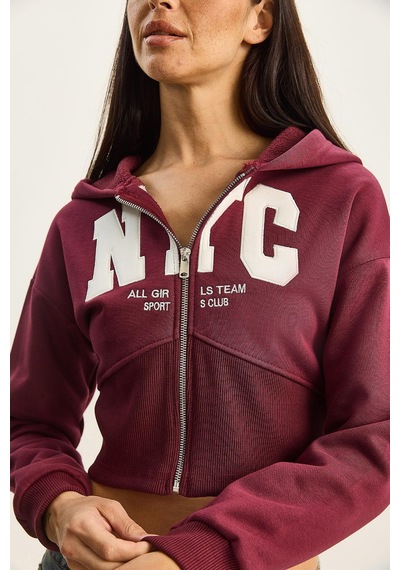 Shade Kadın Nyc Nakışlı Üç İplik Şardonlu Kapüşonlu Crop Hırka 6942 60283794 - Bordo