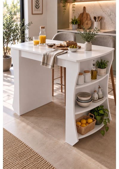 Sulorahome Mutfak Adası Ve Kahvaltı Masası Raflı Beyaz Masa 120x60 Cm