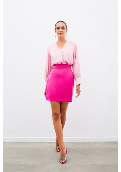 Sateen V Yaka Saten Bluz - Pembe-134907 Pembe