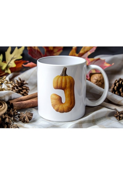 J Baş Harf Bal Kabağı Şekilli Kupa Bardak - Kişiye Özel Cadılar Bayramı / Halloween Konsept Beyaz