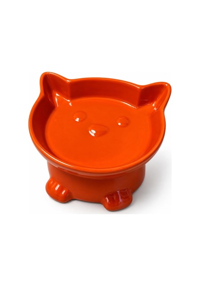 Seramik Kedi Köpek Mama Ve Su Kabı Kabartmalı Kedi Köpek Figürlü Eğimli Ve Yükseltilmiş Mama Kabı, Boyun Ve Omurgayı Destekleyen Ergonomik Tasarım, Kolay Temizlenebilir Turuncu Figürlü