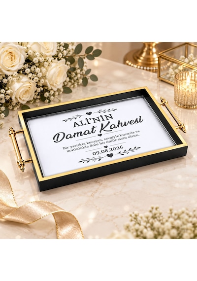 Bk Gift Kişiye Özel Siyah&gold Söz Nişan Tepsisi-1 - 39x23 Cm Çok Renkli