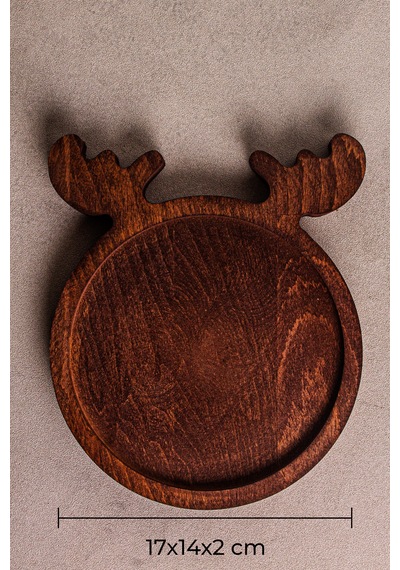 Snippy Deer - Yılbaşı Geyik Desenli Ahşap Çerezlik Sunum Tabağı Sunumluk Servis Tabağı Yuvarlak Ahşap
