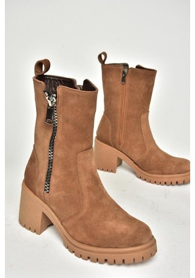 Fox Shoes T654095802 Taba Hakiki Süet Kalın Topuklu Kadın Bot Taba-Süet Taba