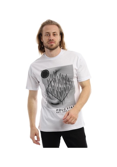 Erkek Polo State Basklı Bisiklet Yaka Tişört Beyaz