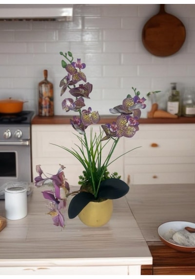Yapay Çiçek Mor Islak Orkide Gold Metal Saksıda Saksıda Orkide 50cm