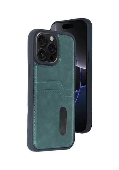 Newface Apple İphone 15 Pro Max Kılıf Sara Kartvizitli Deri Kılıf - Koyu Yeşil