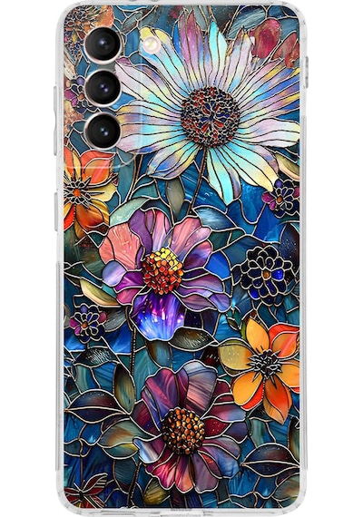 Printify Samsung Galaxy S21 Fe İle Uyumlu Vitray Mücevher Flora Tasarımlı Şeffaf Silikon Kılıf Şeffaf