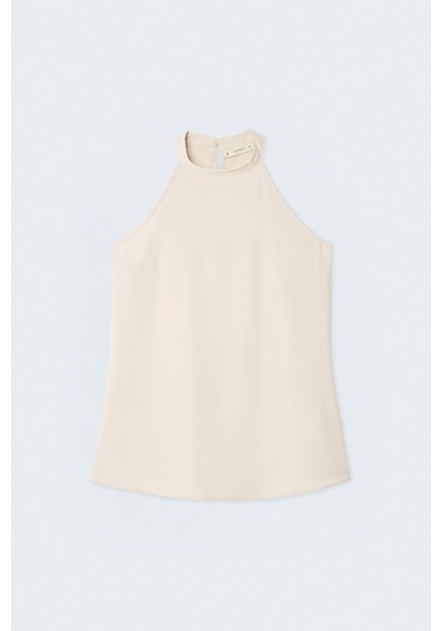Sateen Halter Yaka Bluz - Bej-137736