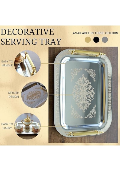 Paslanmaz Çelik Lüks Model Gold Desen Çay Kahve Tepsisi 34,5 X 24,5 Cm Altın - Gold