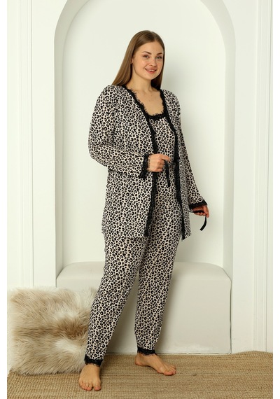 Nisanca Sabahlıklı Dantel Detaylı Pegasus Kadın Pijama Takımı-çeyizlik Takım- Geniş Beden Aralığı Leopar
